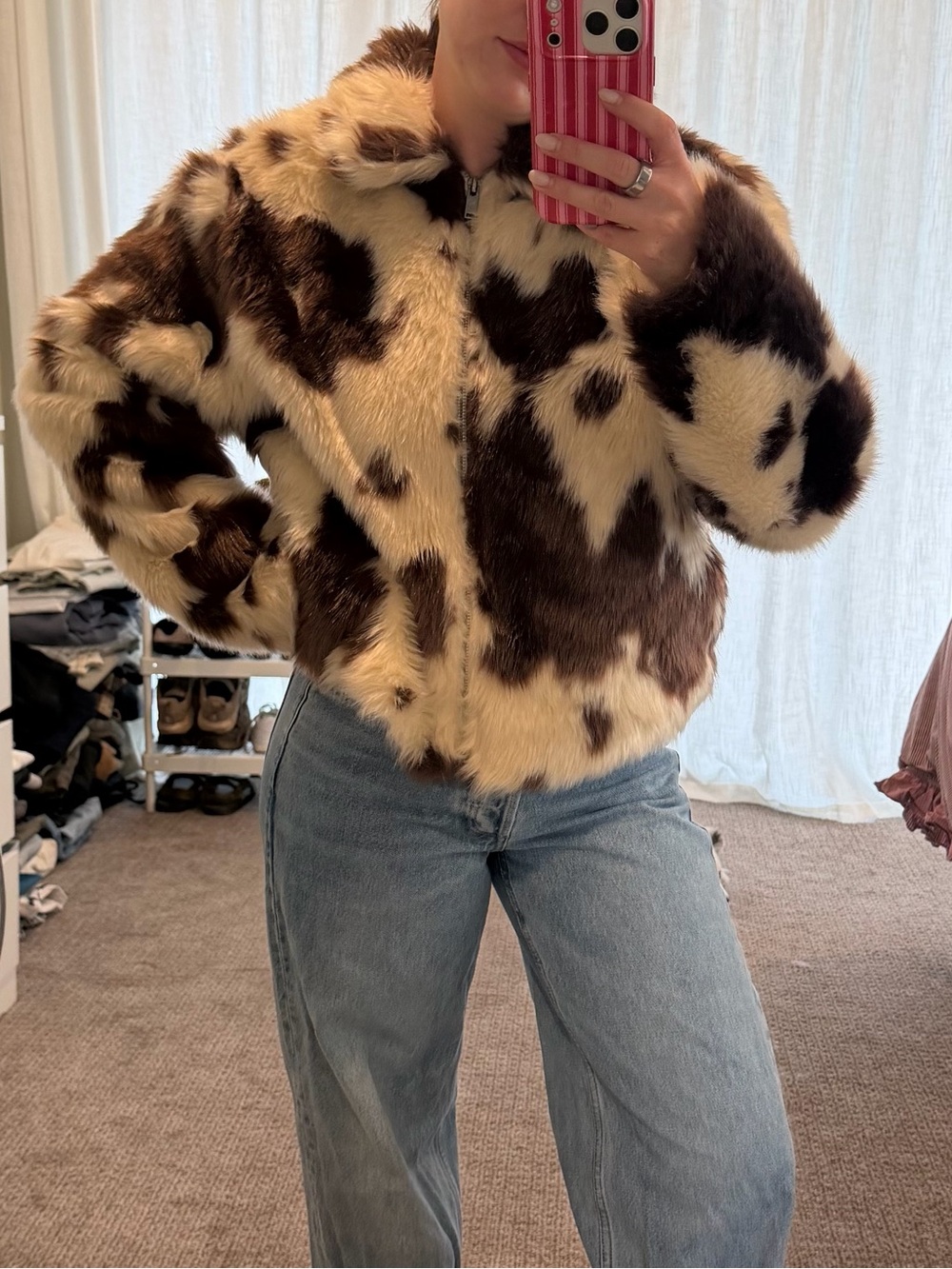 wild fable Cow-Print Faux Fur Jacket in Cream & Brown